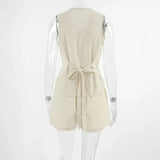 Sleeveless beige romper with tie from Beige Linen Khaki Lightweight Shorts Set