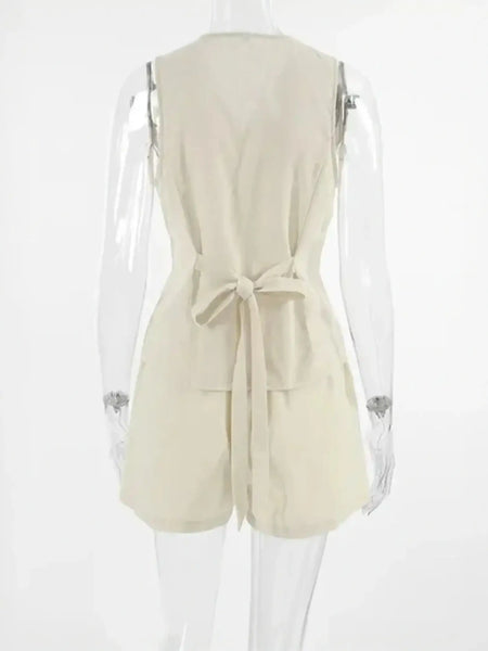 Sleeveless beige romper with tie from Beige Linen Khaki Lightweight Shorts Set