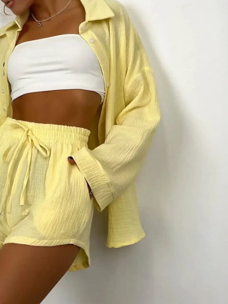 Yellow linen resort shorts and dressy short set for women perfect for summer vibes