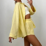 Yellow textured resort shorts and dressy short set for women perfect for summer vibes