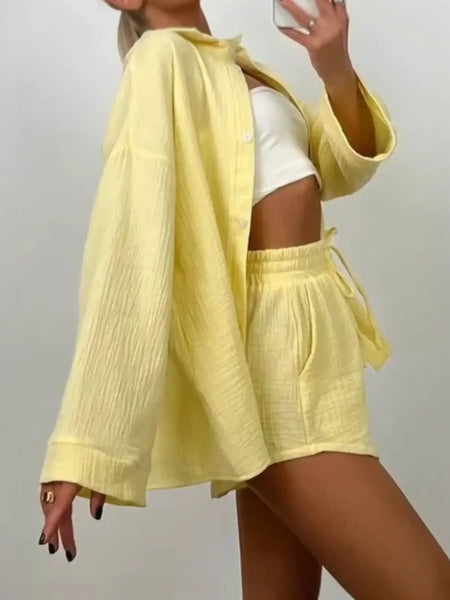 Yellow textured resort shorts and dressy short set for women perfect for summer vibes
