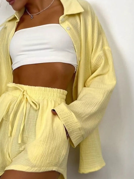 Yellow textured resort shorts and dressy short set for women perfect for summer vibes-yellow