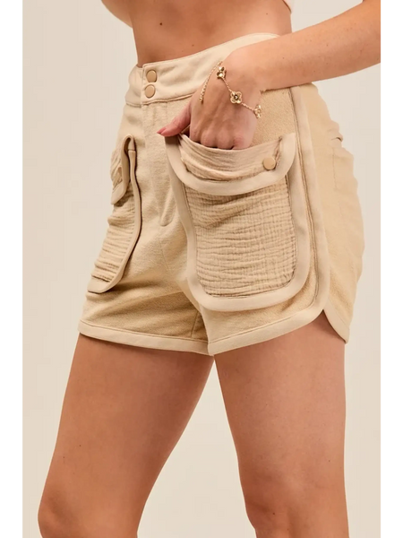 Beige High Rise Cargo Shorts by Trendsi with large front pockets and double button closure