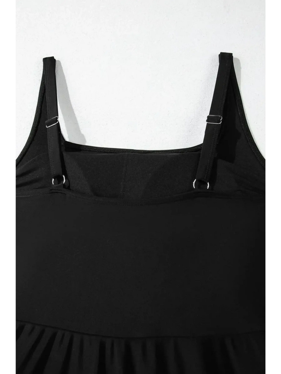 Black Beach Babes swimsuit close-up showing adjustable straps and top details, great swim dress for ladies over 40