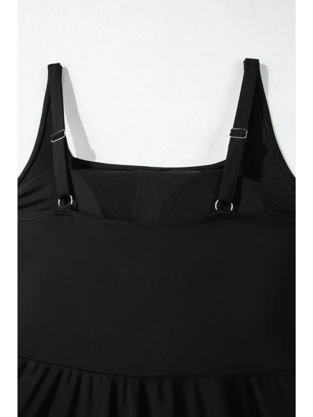Black Beach Babes swimsuit close-up showing adjustable straps and top details, great swim dress for ladies over 40
