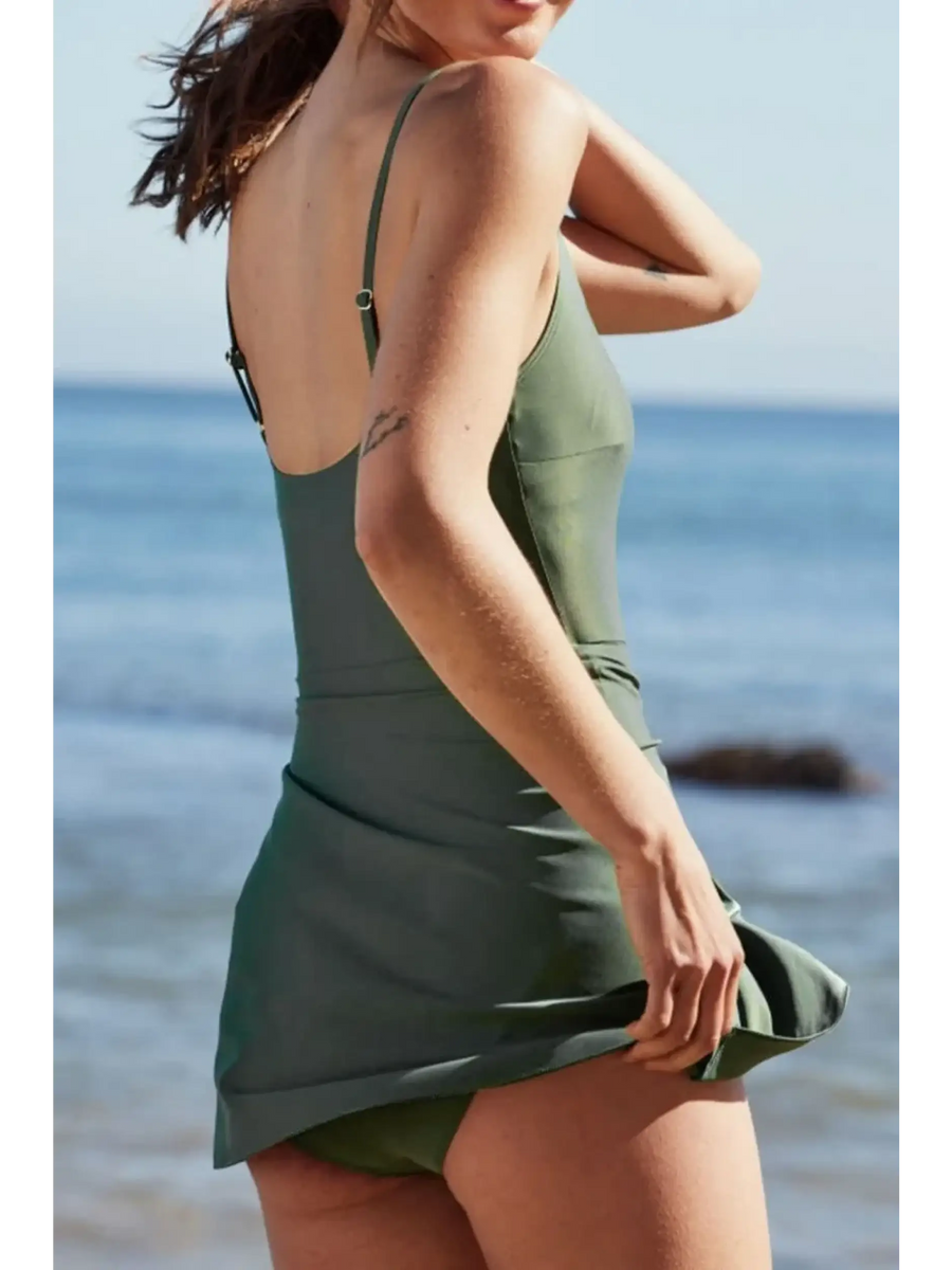 Beach Babes swimsuit in green Great Swim Dress For Ladies over 40 with adjustable straps by the sea