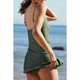 Beach Babes swimsuit in green Great Swim Dress For Ladies over 40 with adjustable straps by the sea