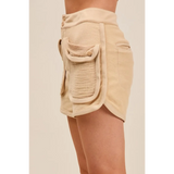 Beige Trendsi High Rise Cargo Shorts with large textured side pockets and double button closure