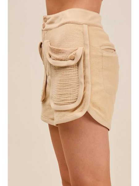 Beige Trendsi High Rise Cargo Shorts with large textured side pockets and double button closure