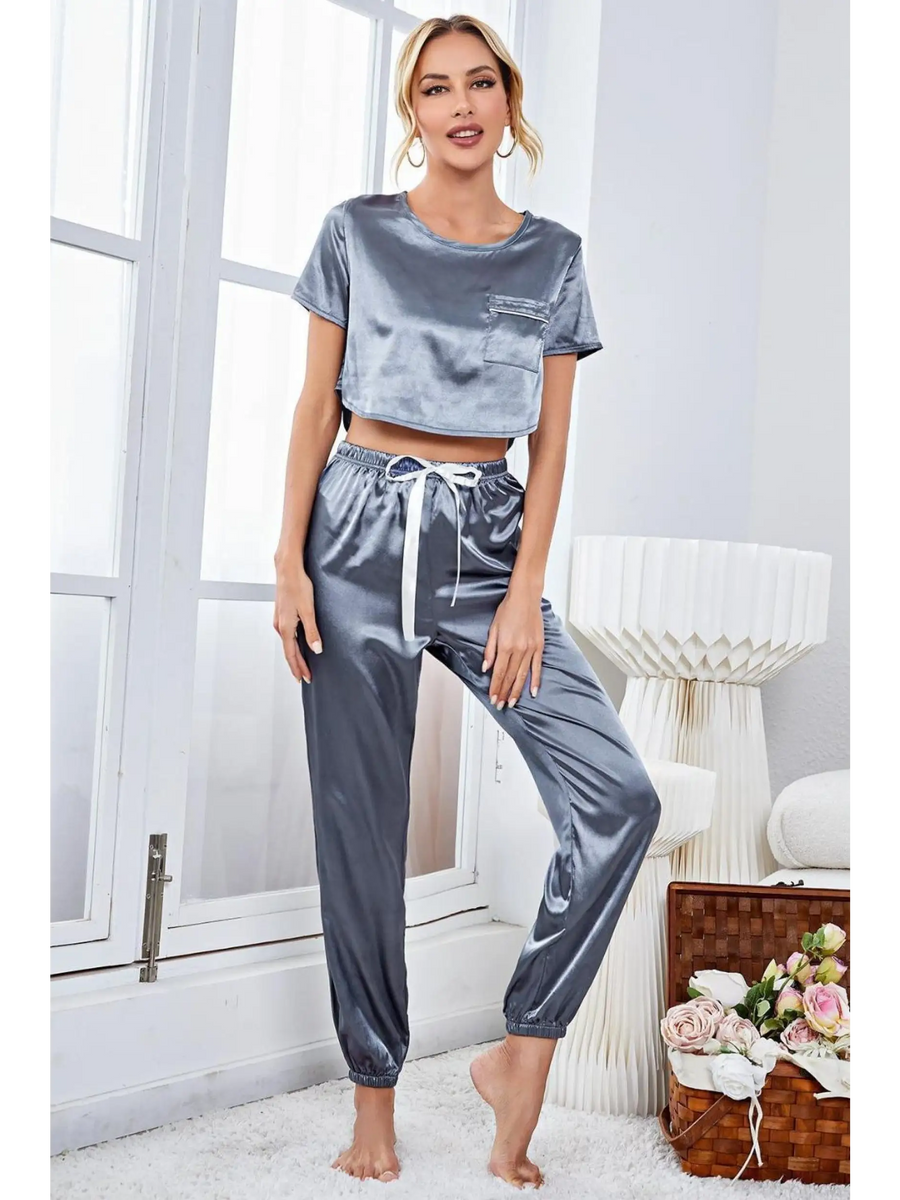 Babe Beachwear silky lightweight crop top and joggers set in shiny gray with drawstring waist and short sleeves