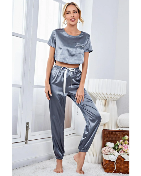 Babe Beachwear silky lightweight crop top and joggers set in shiny gray with drawstring waist and short sleeves