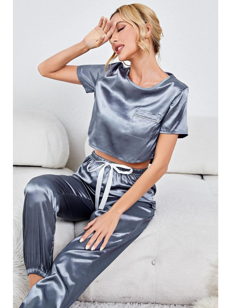 Babe Beachwear silky lightweight crop top and joggers set in shiny silver satin fabric