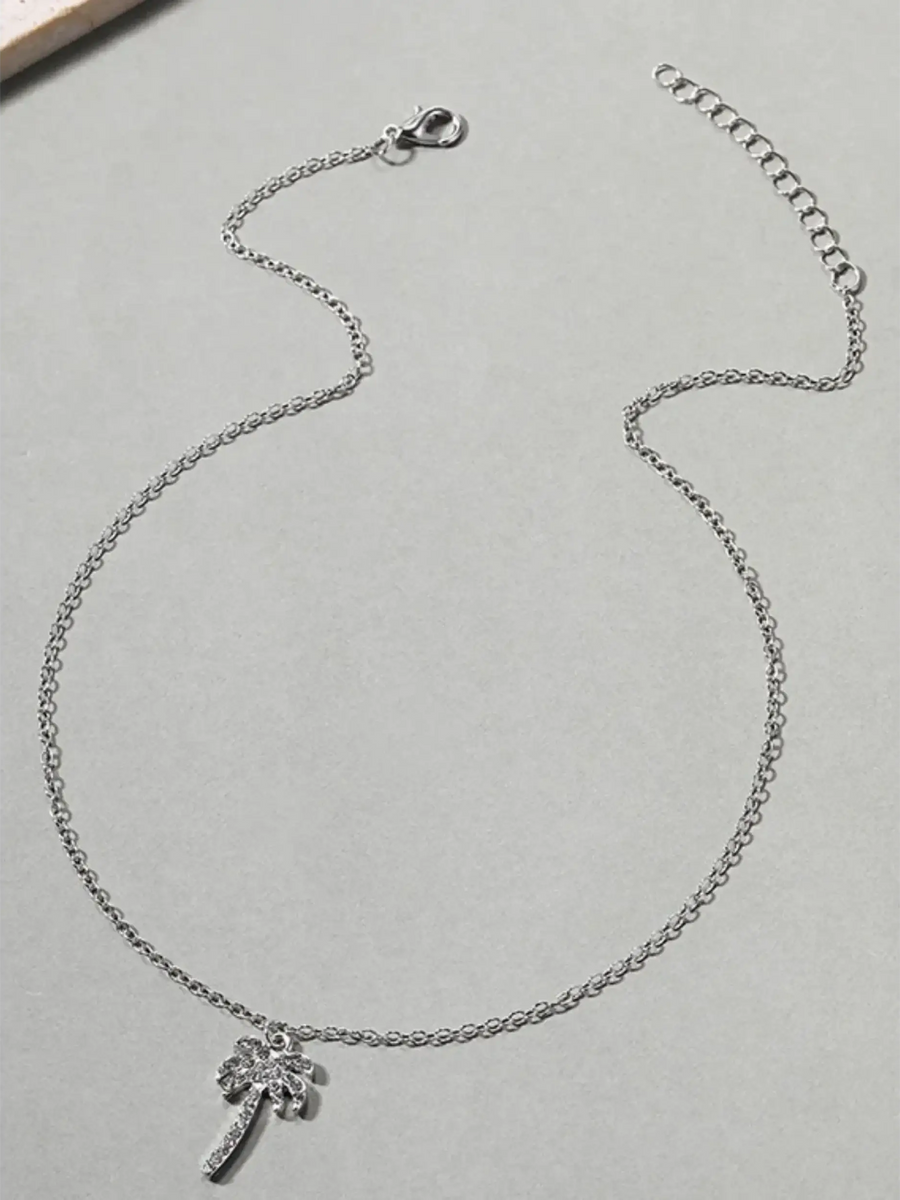 silver palm tree pendant necklace with delicate chain and lobster clasp closure
