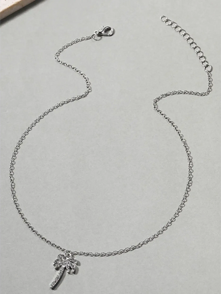 silver palm tree pendant necklace with delicate chain and lobster clasp closure