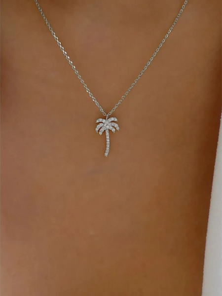  palm tree pendant necklace with sparkling stones on a delicate silver chain
