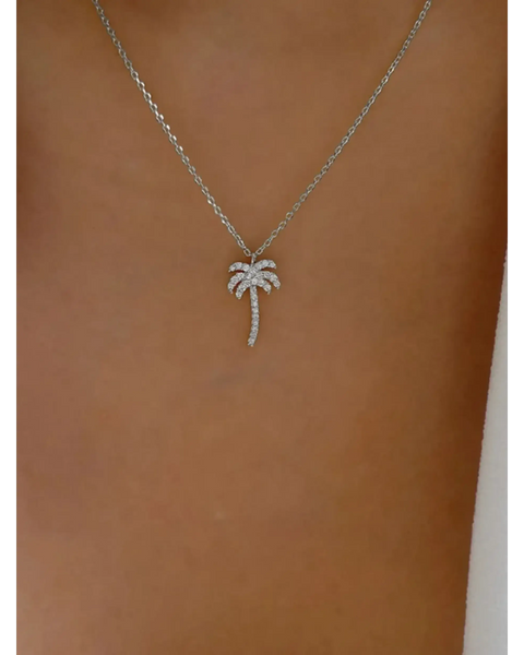  palm tree pendant necklace with sparkling stones on a delicate silver chain