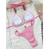Beach Babes skimpy neon bikini set in bright pink with triangle top and ribbed high-cut bottoms