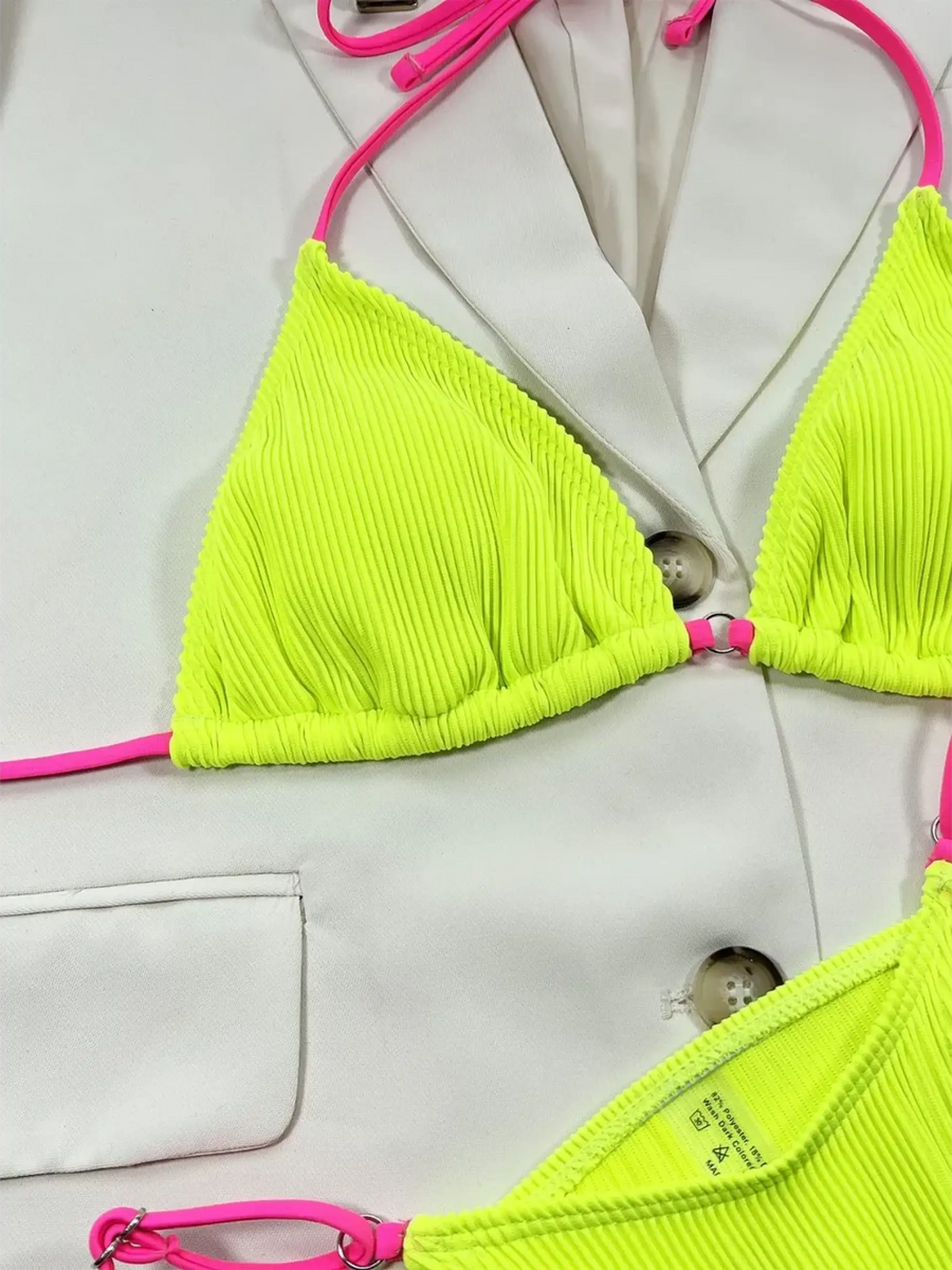 Beach Babes skimpy neon bikini set with bright yellow ribbed fabric and pink adjustable straps