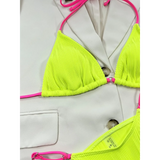 Beach Babes skimpy neon bikini set with bright yellow ribbed fabric and pink adjustable straps
