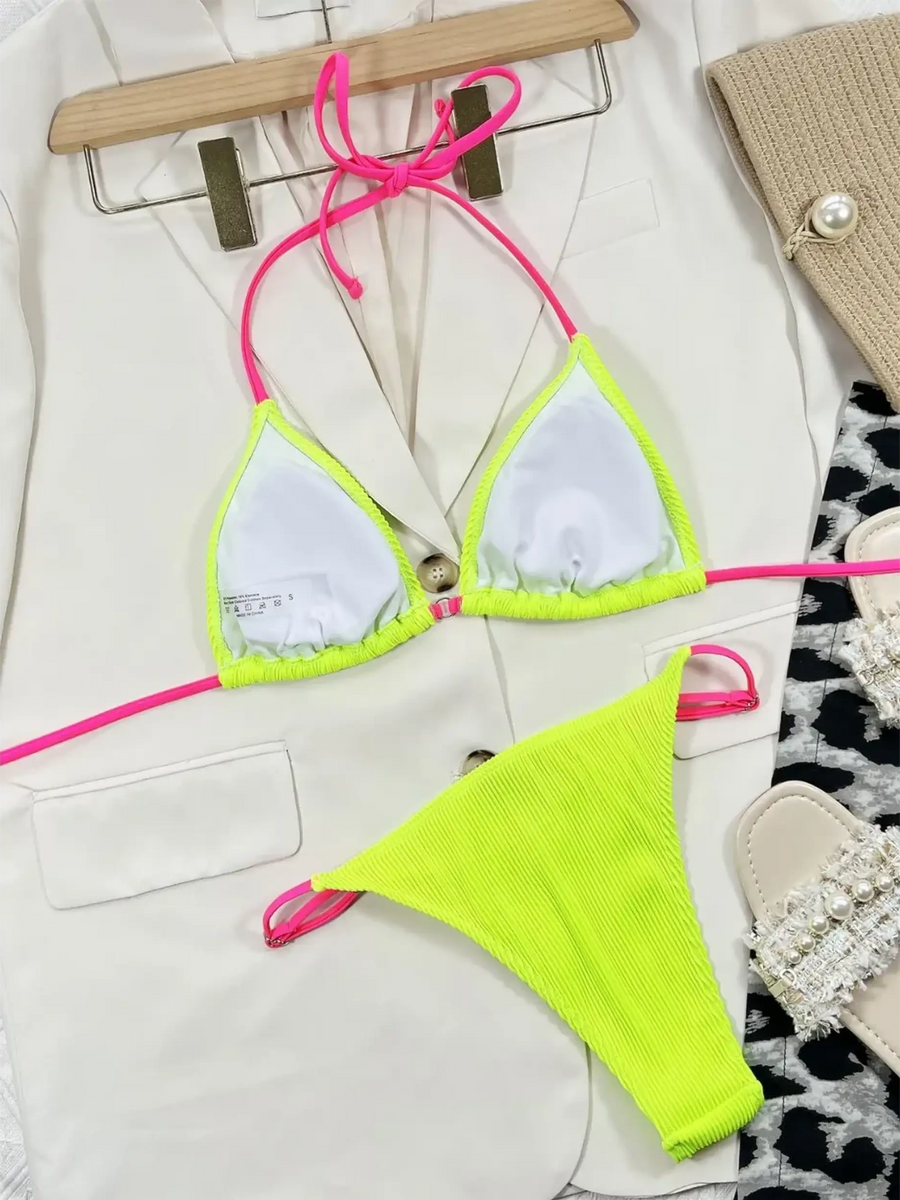 Beach Babes skimpy neon bikini set with bright yellow and pink triangle top and matching bottoms