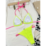 Beach Babes skimpy neon bikini set with bright yellow and pink triangle top and matching bottoms
