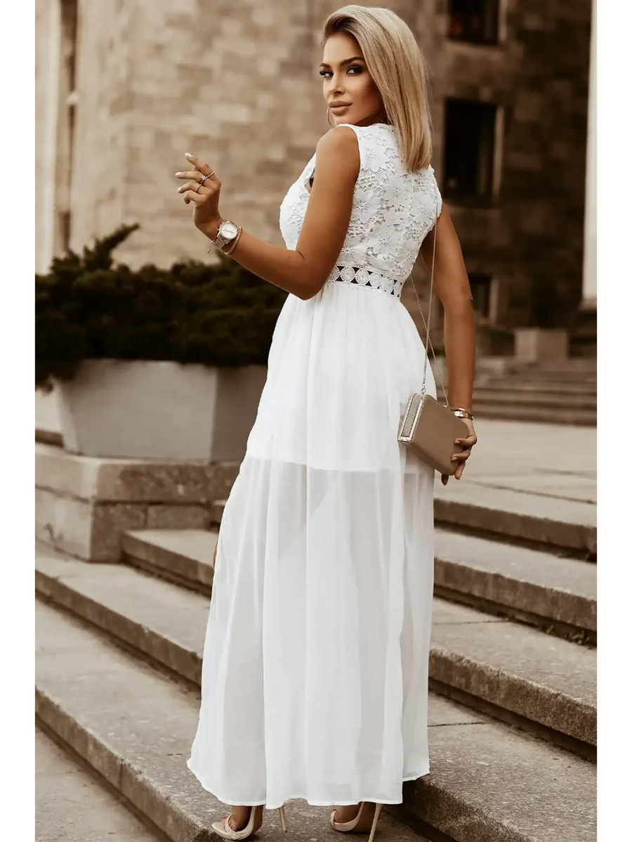 model in white dress back-Sashay in Style: White Lace Maxi Dress with Slit for Resort Wear - Beach Babes Beachwear - Fort Lauderdale
