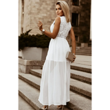 model in white dress back-Sashay in Style: White Lace Maxi Dress with Slit for Resort Wear - Beach Babes Beachwear - Fort Lauderdale