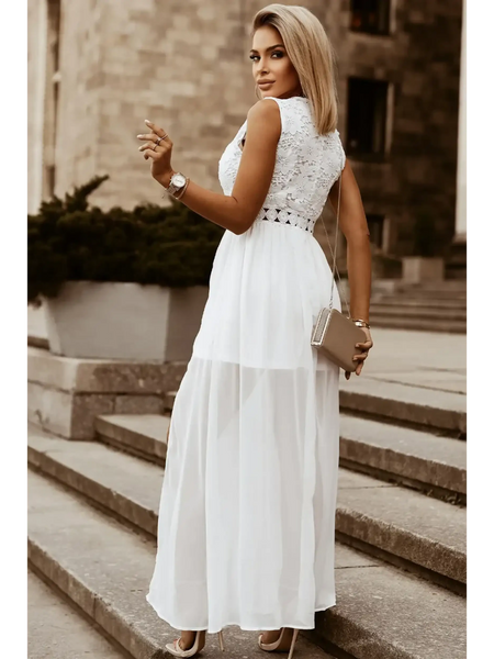 model in white dress back-Sashay in Style: White Lace Maxi Dress with Slit for Resort Wear - Beach Babes Beachwear - Fort Lauderdale