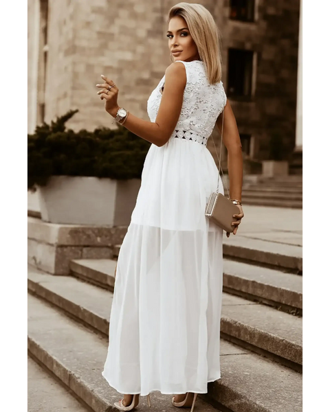 model in white dress back-Sashay in Style: White Lace Maxi Dress with Slit for Resort Wear - Beach Babes Beachwear - Fort Lauderdale