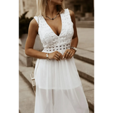 model in white dress front chest Sashay in Style: White Lace Maxi Dress with Slit for Resort Wear - Beach Babes Beachwear - Fort Lauderdale