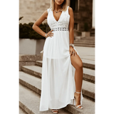 model in white dress front Sashay in Style: White Lace Maxi Dress with Slit for Resort Wear - Beach Babes Beachwear - Fort Lauderdale