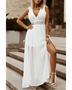 model in white dress front Sashay in Style: White Lace Maxi Dress with Slit for Resort Wear - Beach Babes Beachwear - Fort Lauderdale