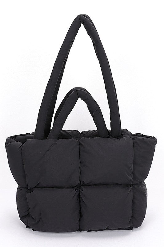Babe Beachwear small puffer lightweight tote bag in black with padded handles and quilted design