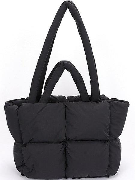Babe Beachwear small puffer lightweight tote bag in black with padded handles and quilted design