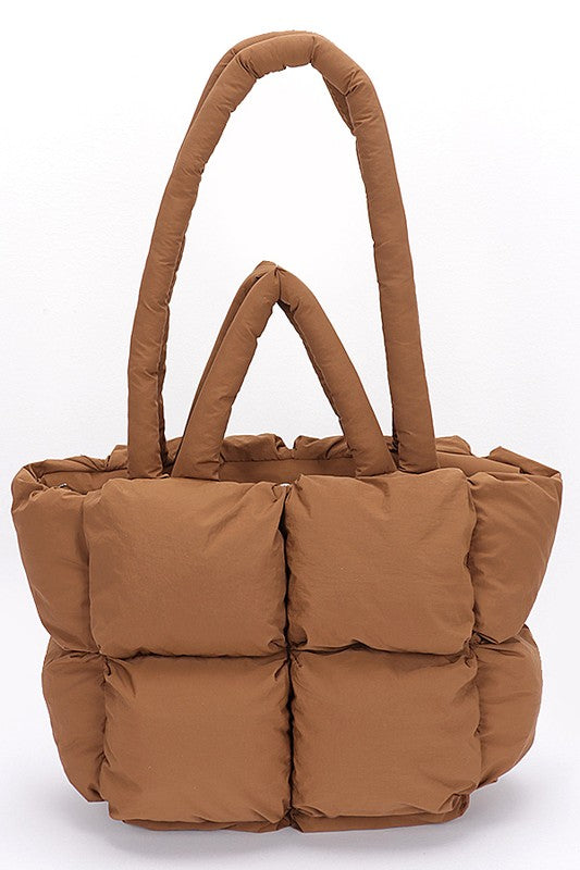 Babe Beachwaer small puffer lightweight tote bag in brown with padded quilted design and dual handles