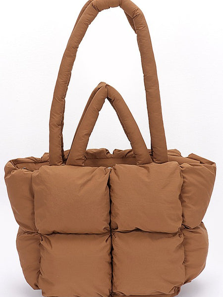 Babe Beachwaer small puffer lightweight tote bag in brown with padded quilted design and dual handles