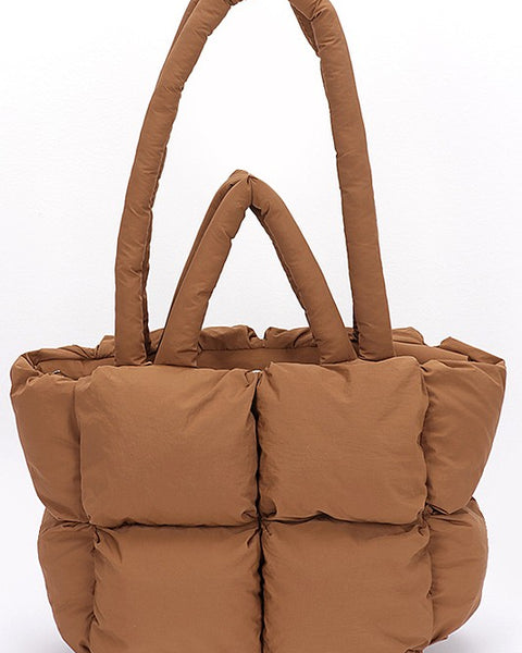 Babe Beachwaer small puffer lightweight tote bag in brown with padded quilted design and dual handles