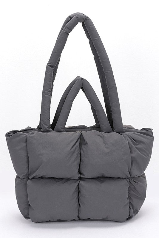 Babe Beachwear small puffer lightweight tote bag in gray with padded quilted design and dual handles