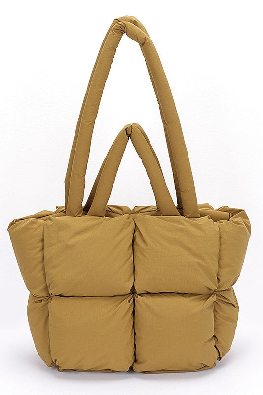 Babe Beachwear small puffer lightweight tote bag in tan with quilted padded design and dual handles