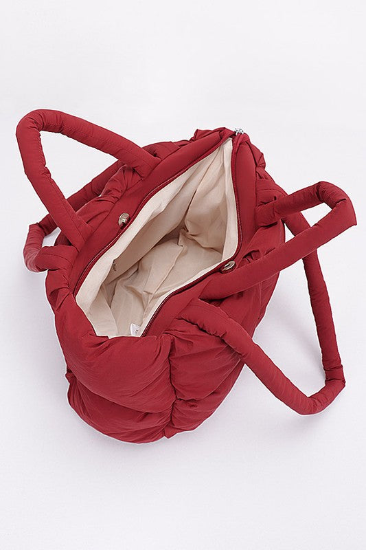 Babe Beachwaer small puffer lightweight tote bag in red with interior compartments and zipper closure