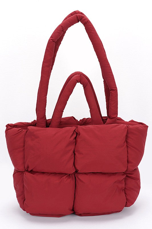 Babe Beachwear small puffer lightweight tote bag in red with padded handles and quilted design