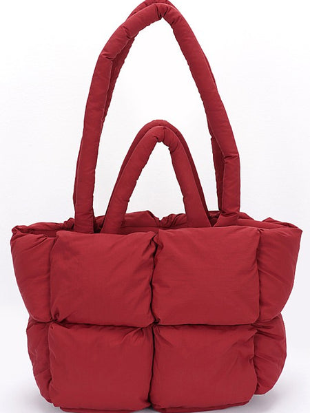 Babe Beachwear small puffer lightweight tote bag in red with padded handles and quilted design
