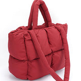 Red small puffer lightweight tote bag by Babe Beachwear with padded handles and quilted design
