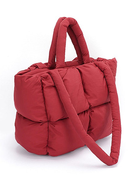 Red small puffer lightweight tote bag by Babe Beachwear with padded handles and quilted design