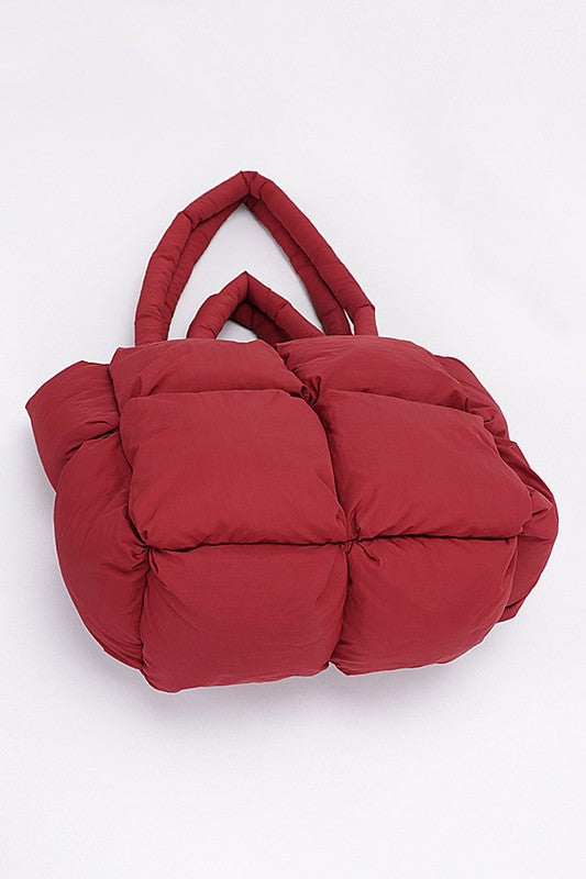 Babe Beachwear small puffer lightweight tote bag in red with quilted padded design and soft handles