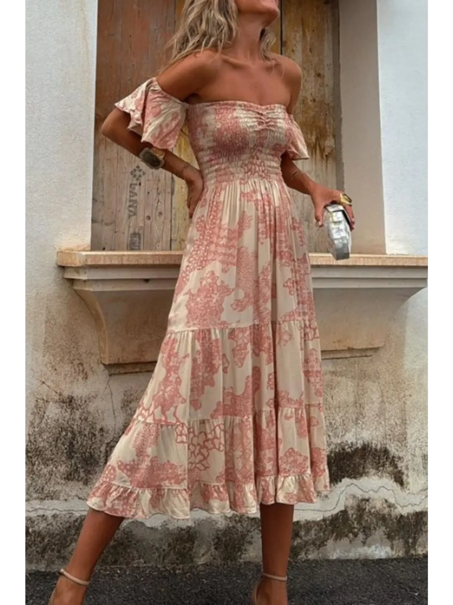 Trendsi smocked off shoulder midi dress with ruffle sleeves and floral pattern in soft pink tones