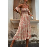 Trendsi smocked off shoulder midi dress with ruffle sleeves and floral pattern in soft pink tones