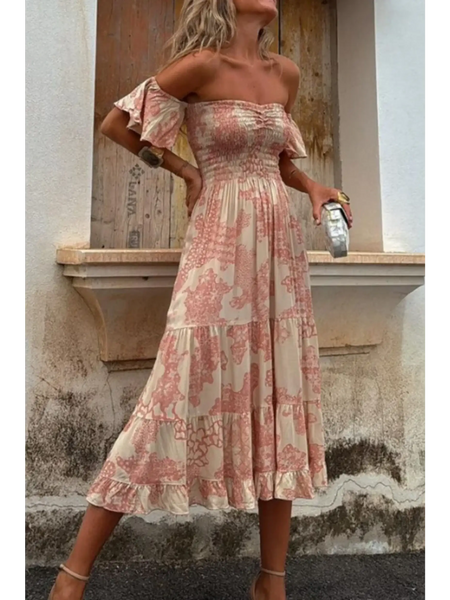 Trendsi smocked off shoulder midi dress with ruffle sleeves and floral pattern in soft pink tones