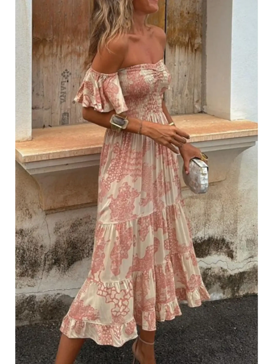 Trendsi smocked off shoulder midi dress in beige and pink floral pattern with ruffled hem