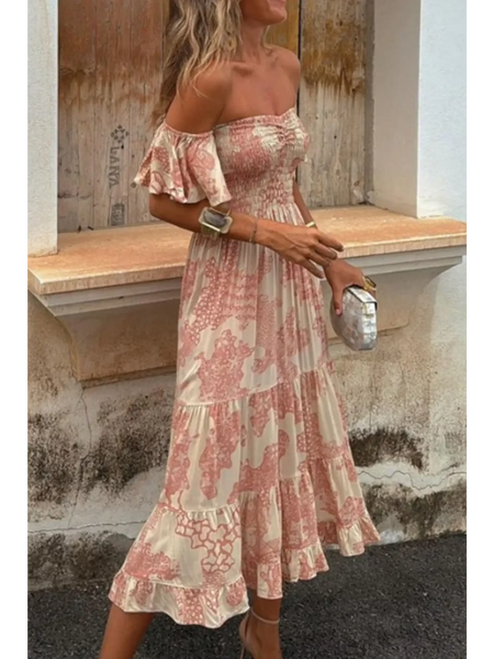 Trendsi smocked off shoulder midi dress in beige and pink floral pattern with ruffled hem